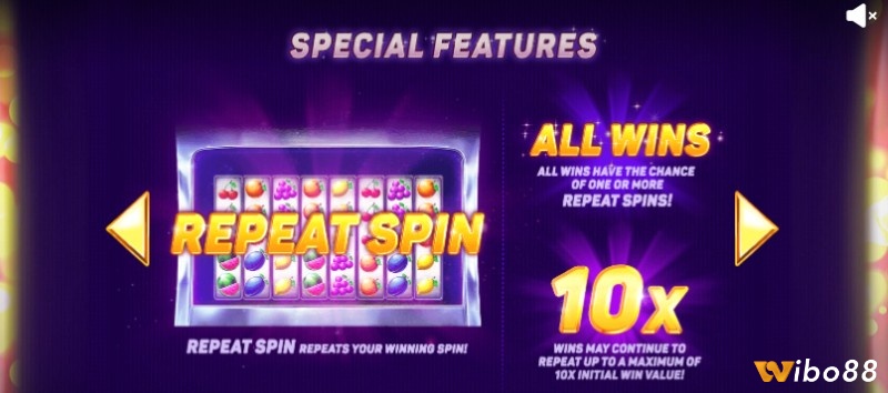Tính năng Repeat Spin mang lại cơ hội nhận được các phần thưởng lớn lên tới 10,000x số tiền cược